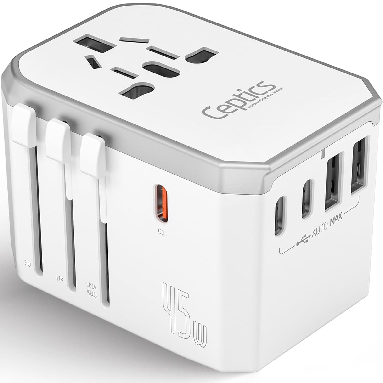 Ceptics 6-in-1 Universal Travel Adapter with 2X USB-A and 3X USB-C, 45W for Global Use, Compatible with US, EU, UK & More, White