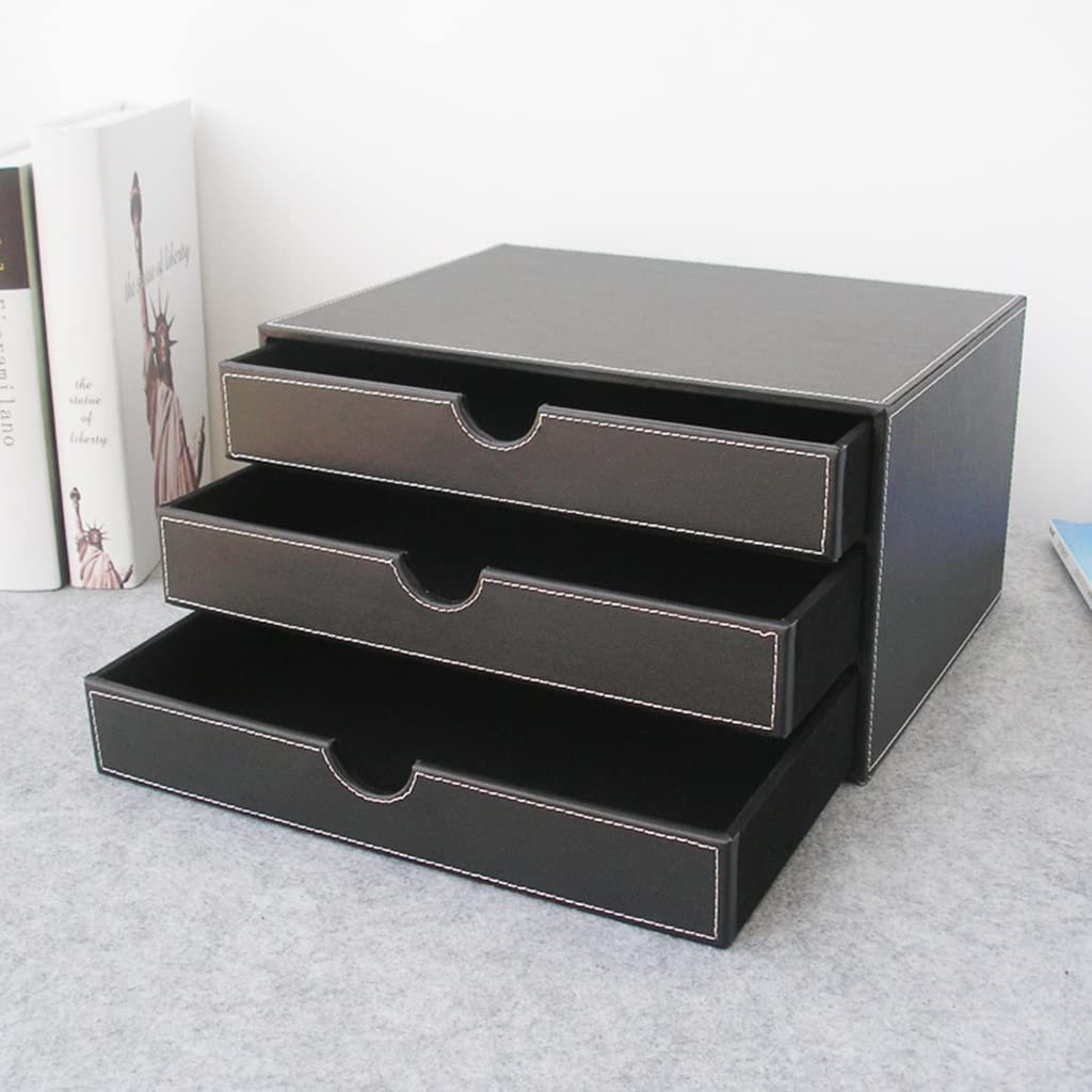 Portadocumenti da scrivania in pelle, Organizer da scrivania in pelle con 3 cassetti, Forniture for ufficio, Scatola portaoggetti impilabile for gioielli Fatture Documenti cartacei Trucco Accessori fo