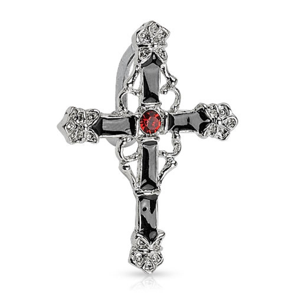 PiercedOff Rhodium Plated Black Enamel Cross and Red Gem Centre Top Down Externally Threaded Belly Bar - Thickness 14GA (1.6mm) / Length 10mm / Ball Size 5mm / Cross 32 x 25 mm