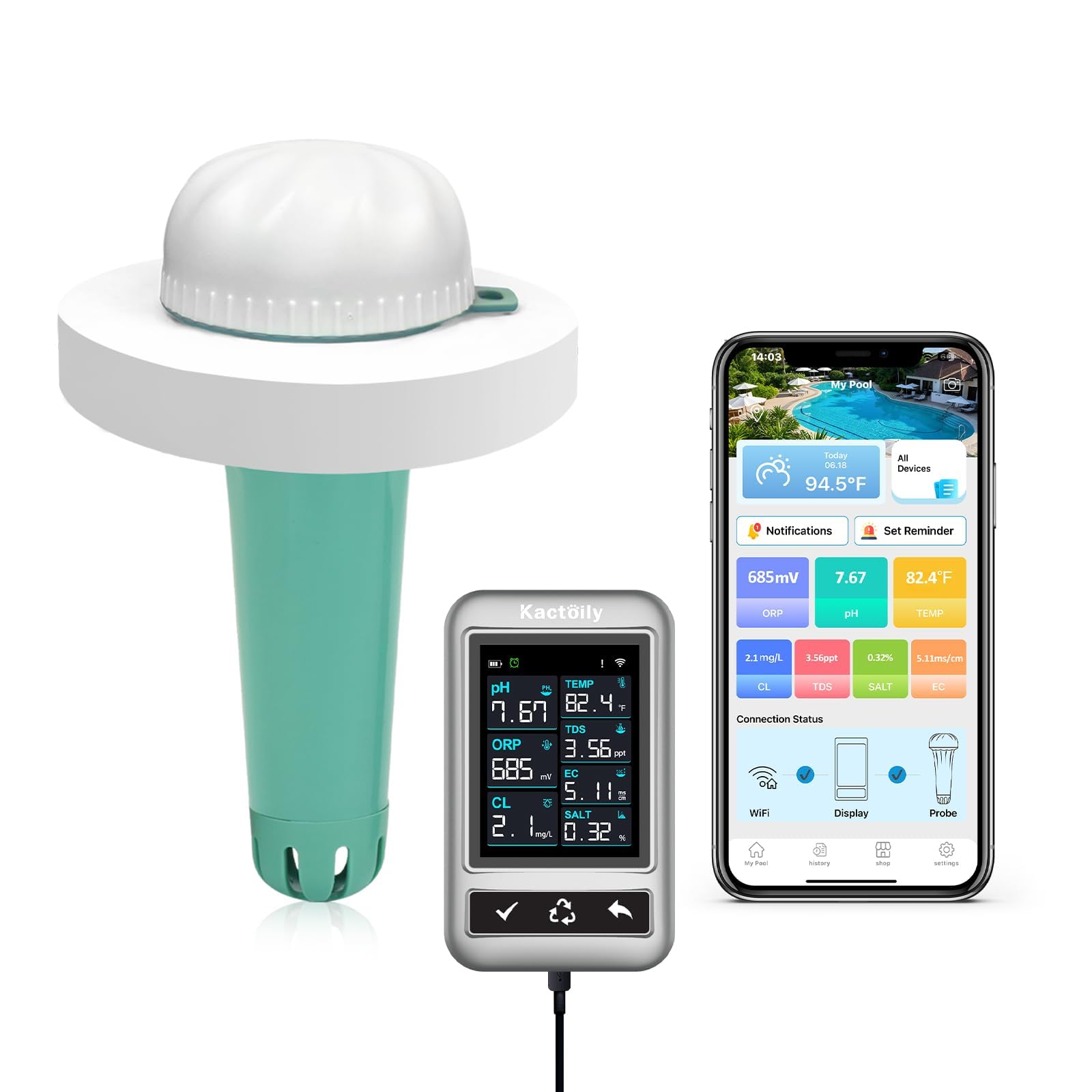 RYAKKA 2026 Smart 7IN1 Pooltester Wiederaufladbar 5200 mAh mit WLAN & App,Wassertester für pH, Chlor, Salz, ORP, EC, TDS & Temp, Automatische Überwachung & Alarm für Pool, Whirlpool, Spa & Teich