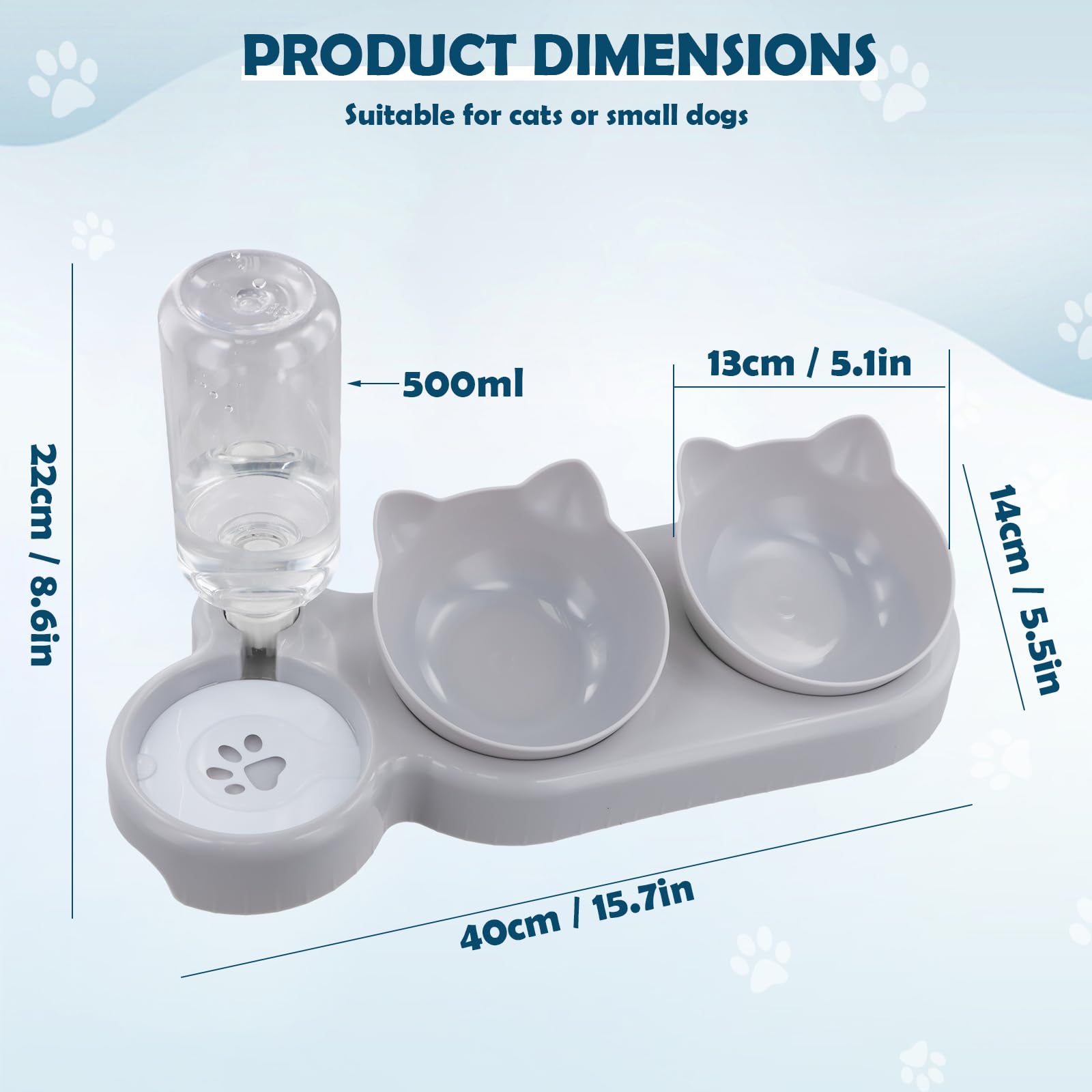 Portaciotole Rialzato Per Gatti 3 In 1, Doppia Ciotola Inclinata 15° Con Fontanella 500 Ml, Regolabile 360°