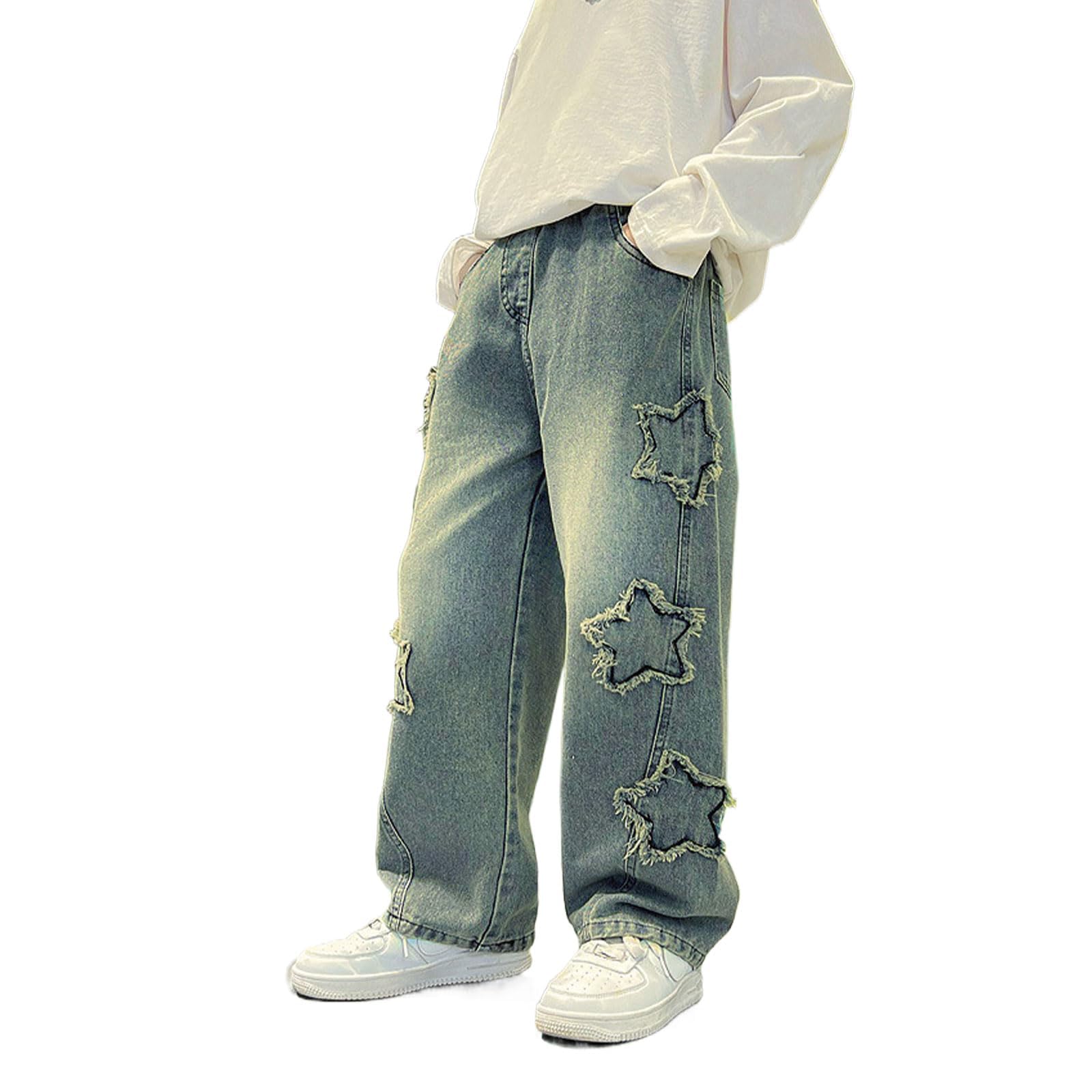Lindos pantalones de mezclilla holgados con diseño de estrella, cintura elástica, pantalones de mezclilla rectos de pierna ancha para adolescentes de 8 a 14 años