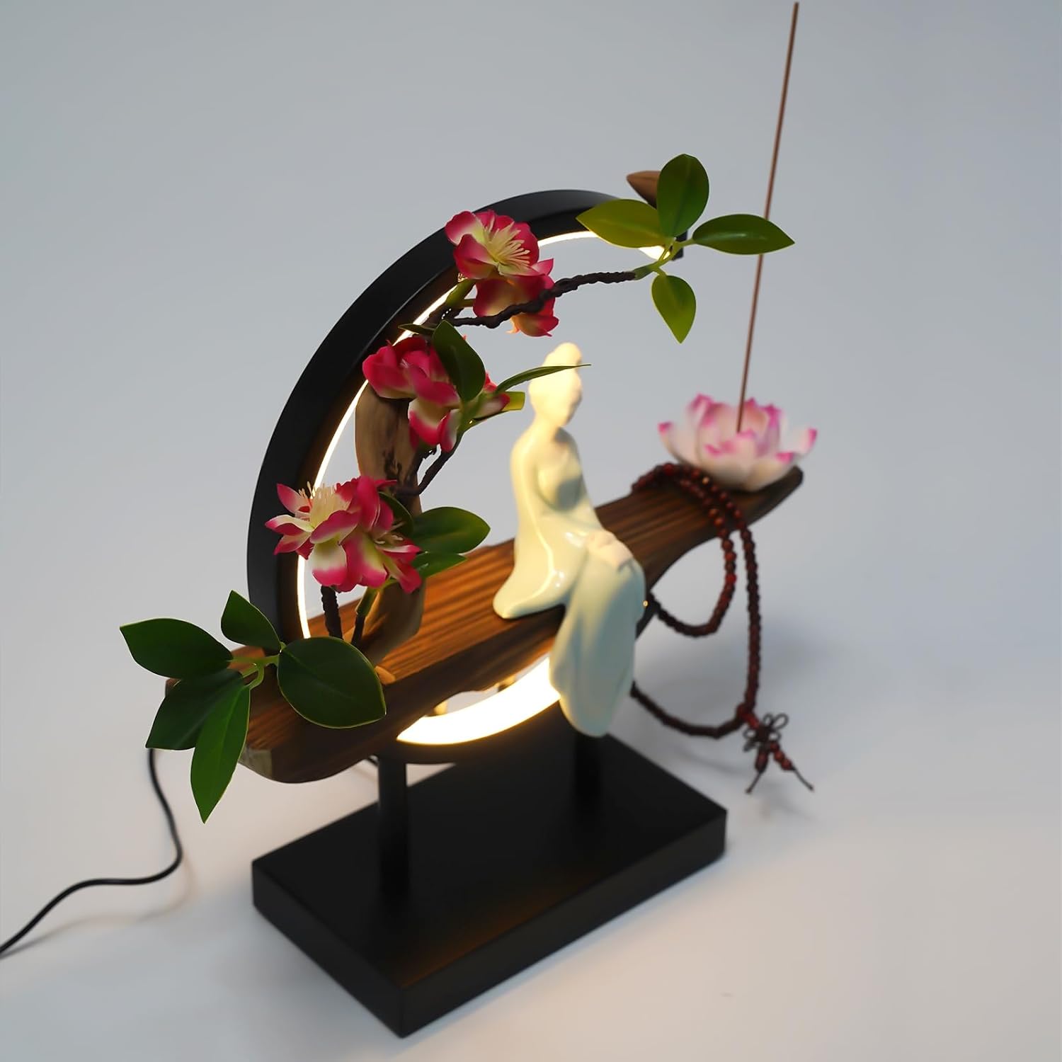 Backflow Incense Burner Incense Cone Sticks Holder with LED Lights, Begonia,Lotus Flower&Buddha Bead Bracelet, Porcelain Lighted Illuminated Relaxation for Home Office Decor