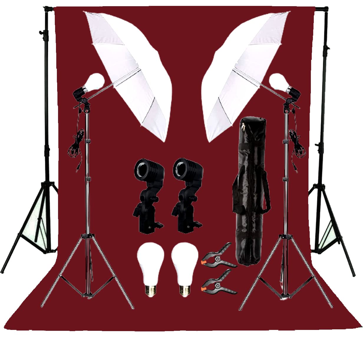 Giftmax Single Holder Umbrella Lighting Kit with Umbrella Studio Light with Backdrop Cloth Screen Photo Background Backdrop Stand Support System (Single Holder Kit + Maroon Screen)