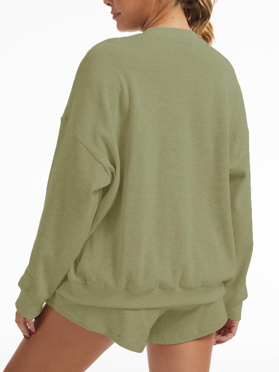 AnotherChill Women's Oversized Waffle Knit Lounge Set Long Sleeve Sweatshirt and High Waisted Shorts 2 Piece Casual Outfit - Image 3