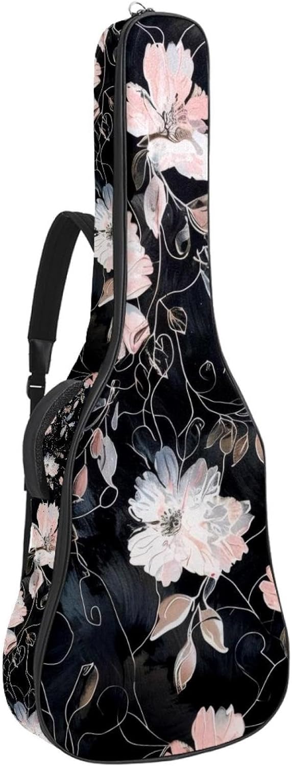 Acoustic Guitar Bag, 40 41 42 Inch Guitar Case Cover Soft Guitar Gig Bag for Acoustic Electric Bass Classical Guitar, Pink Blue Floral on Black