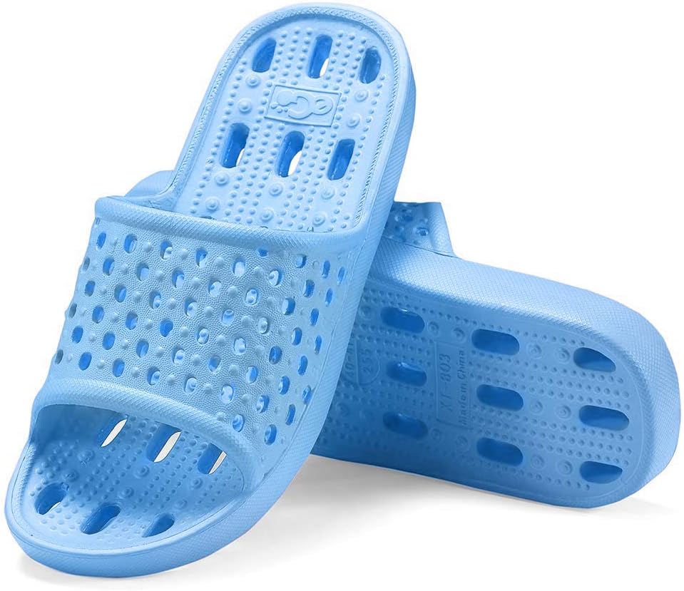 Hucook Bathroom Shoes Shower Sandals for Women Non Slip Bath Slippers Soft Lightweight Quick Drying Gym Slipper with Holes（Light Blue, 7.5-8.5 US）