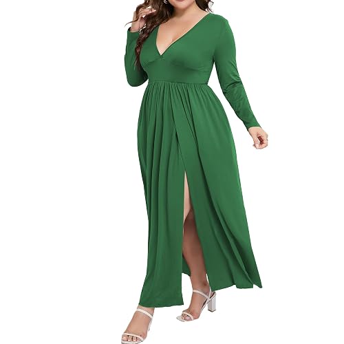 Snapklik.com : Womens Summer Dress Western Sexy Double High Slit Deep V  Neck Plus Size Sundresses Thigh Split Maxi Club Party Dresses DarkGreen