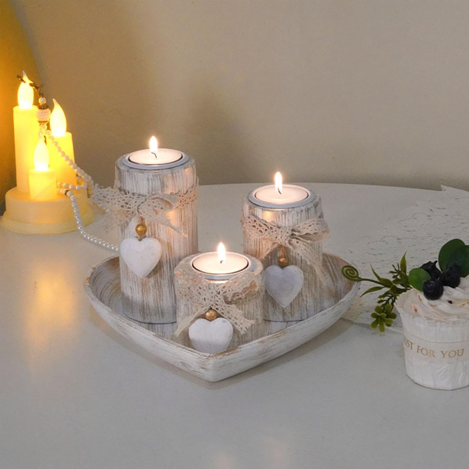 Wooden and Stone Candle Holders Set for Wedding Party Romantic Dinner Table Centerpieces Home Festival Windowsill Bridal Shower Decor