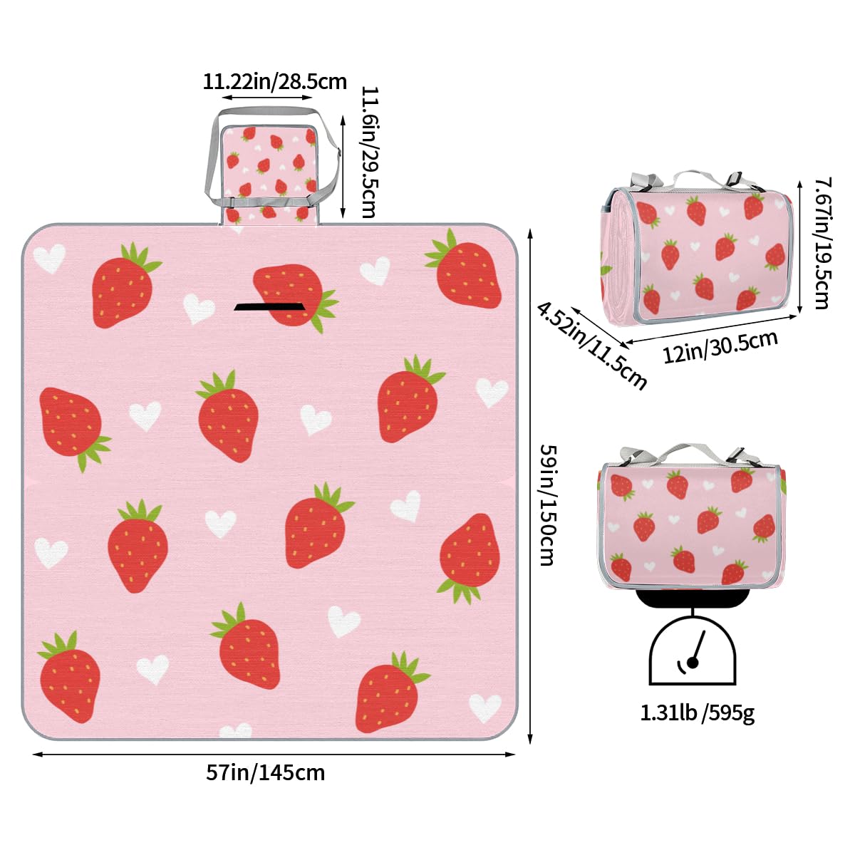 Shimoshe Picnic Blankets 57”x 59”, Love Strawberry Waterproof Sandproof Picnic Mat Lightweight Foldable Beach Blanket for Camping Park Grass Beach Outdoor Blanket