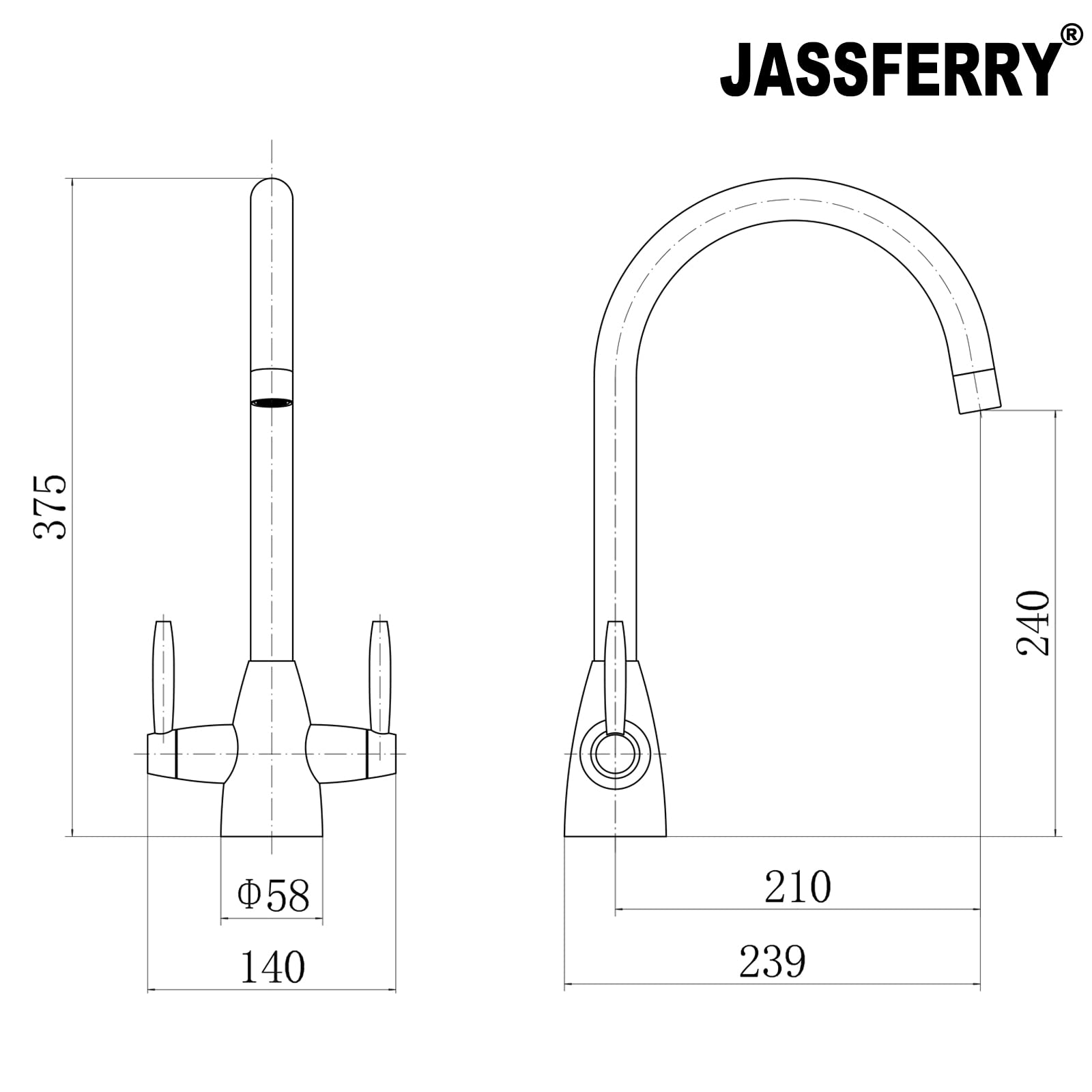 JASSFERRY Robinet mitigeur d'évier de cuisine double quart de tour avec poignées à levier col de cygne et bec rond pivotant en chrome poli