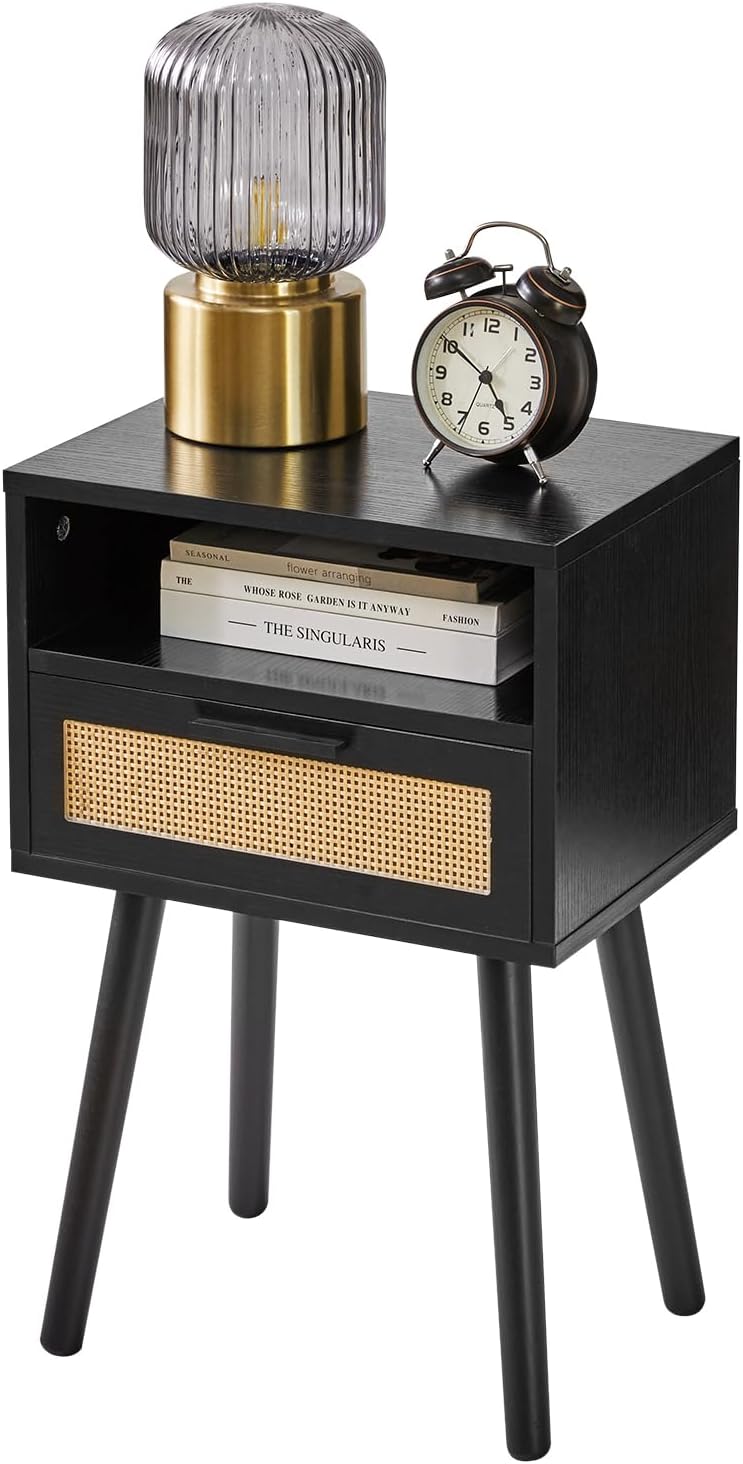 IBUYKE Rattan Nightstand, Boho Side Table with Drawer Open Shelf, Wood Accent Bedside Table, End Table with Legs for Bedroom, Living Room and Small Spaces, Black UWNS009B