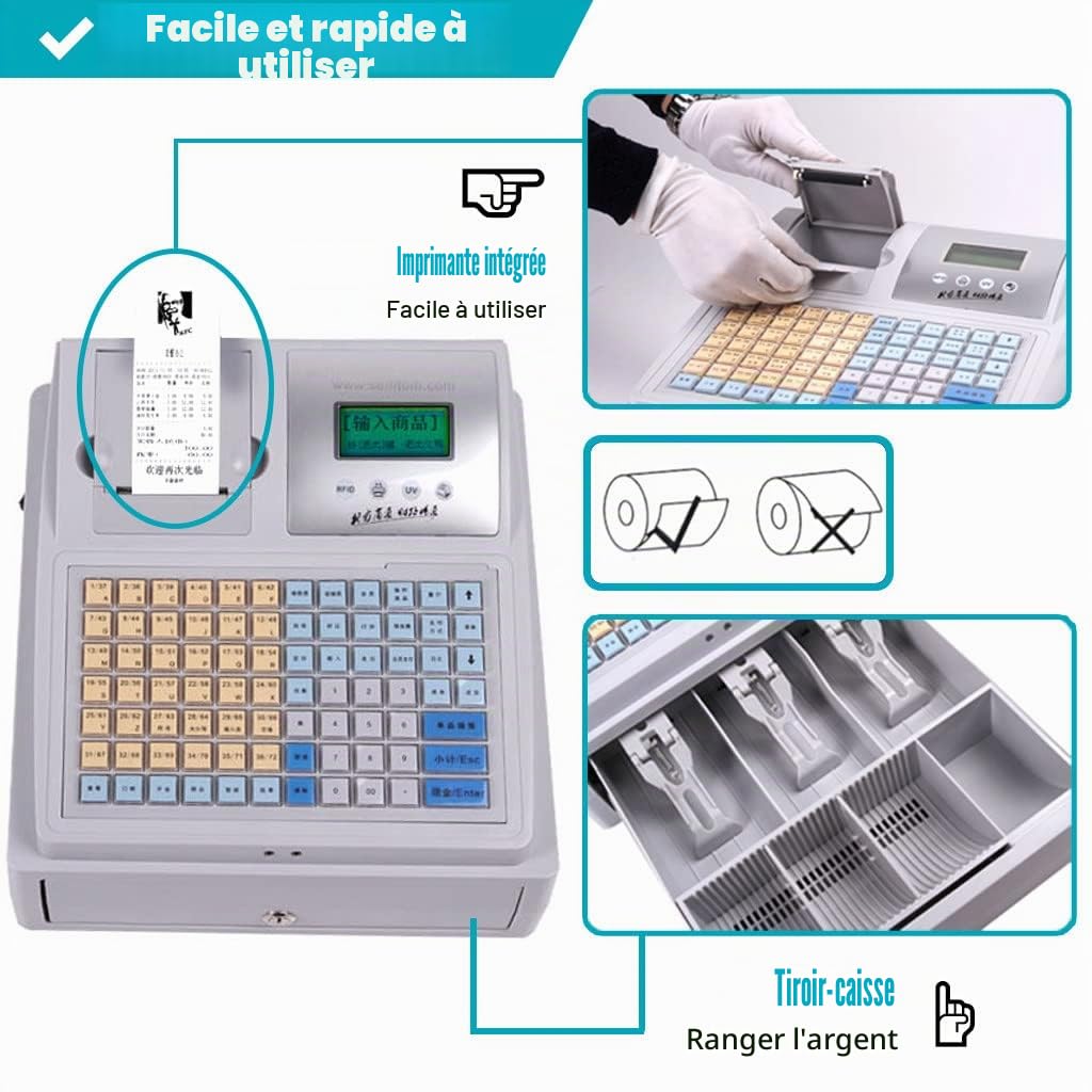Caisse enregistreuse électronique à 81 Touches, Caisse enregistreuse Intelligente avec imprimante Thermique, Caisse enregistreuse à 8 LED numériques, pour Petites Entreprises