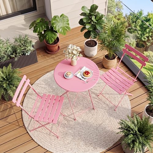 GarveeHome 3-Piece Foldable Bistro Set Outdoor Patio Furniture with 2 Folding Chairs & 1 Table Weather-Resistant Indoor/Outdoor Conversation Set for Patio Garden Balcony Pink Flat Tube