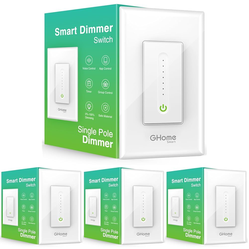 GHome Smart Smart Dimmer Switch Work with Alexa Google Home, Neutral Wire Required 2.4GHz Wi-Fi Switch for Dimming LED CFL INC Light Bulbs, Single Pole, UL Certified, No Hub Required, 1Pack
