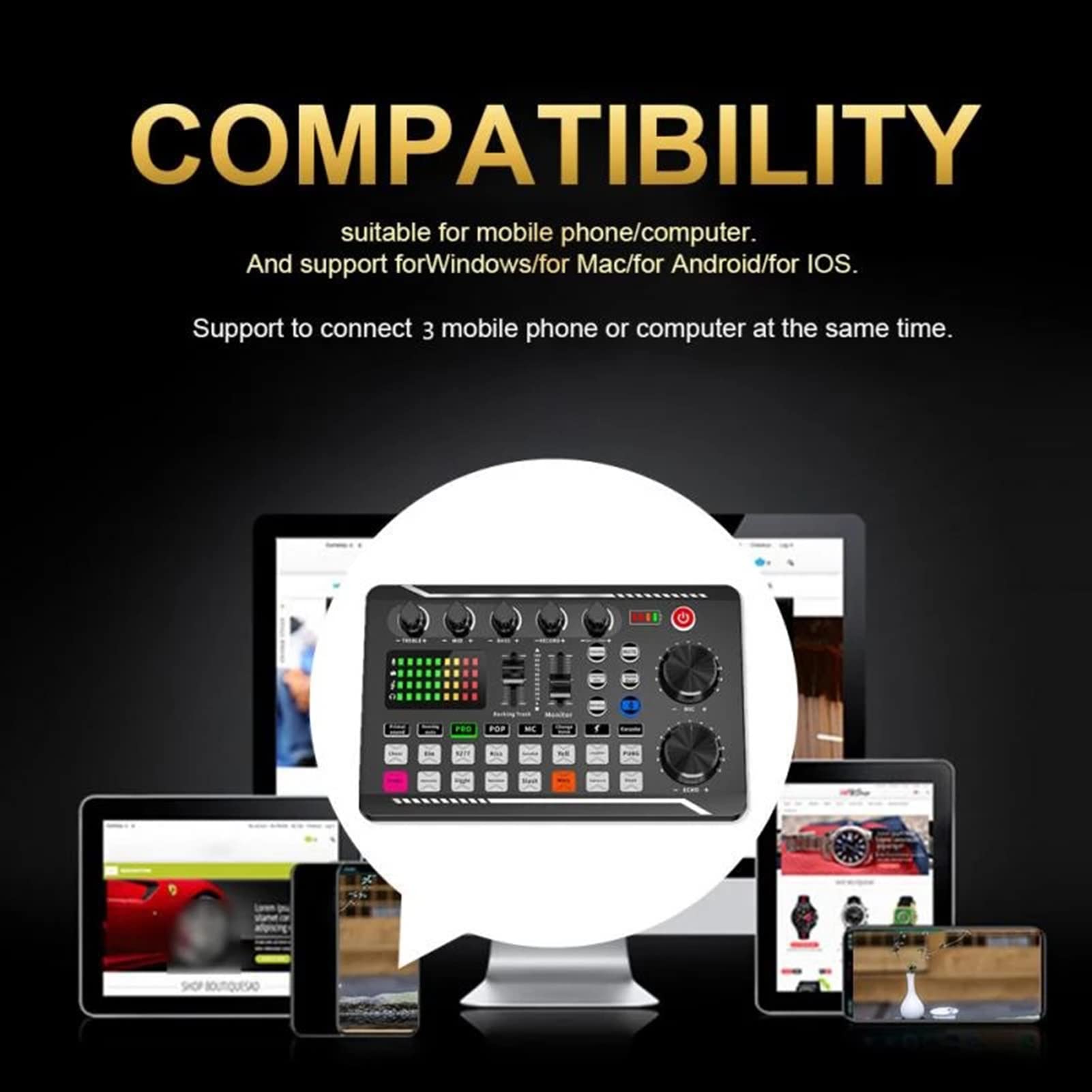 Mezclador de DJ Mezclador de audio portátil Tarjeta de sonido Micrófono Mezclador de sonido Tarjeta de sonido Consola de mezcla de audio Amplificador Mezclador de música en vivo Amplificador Equipo de