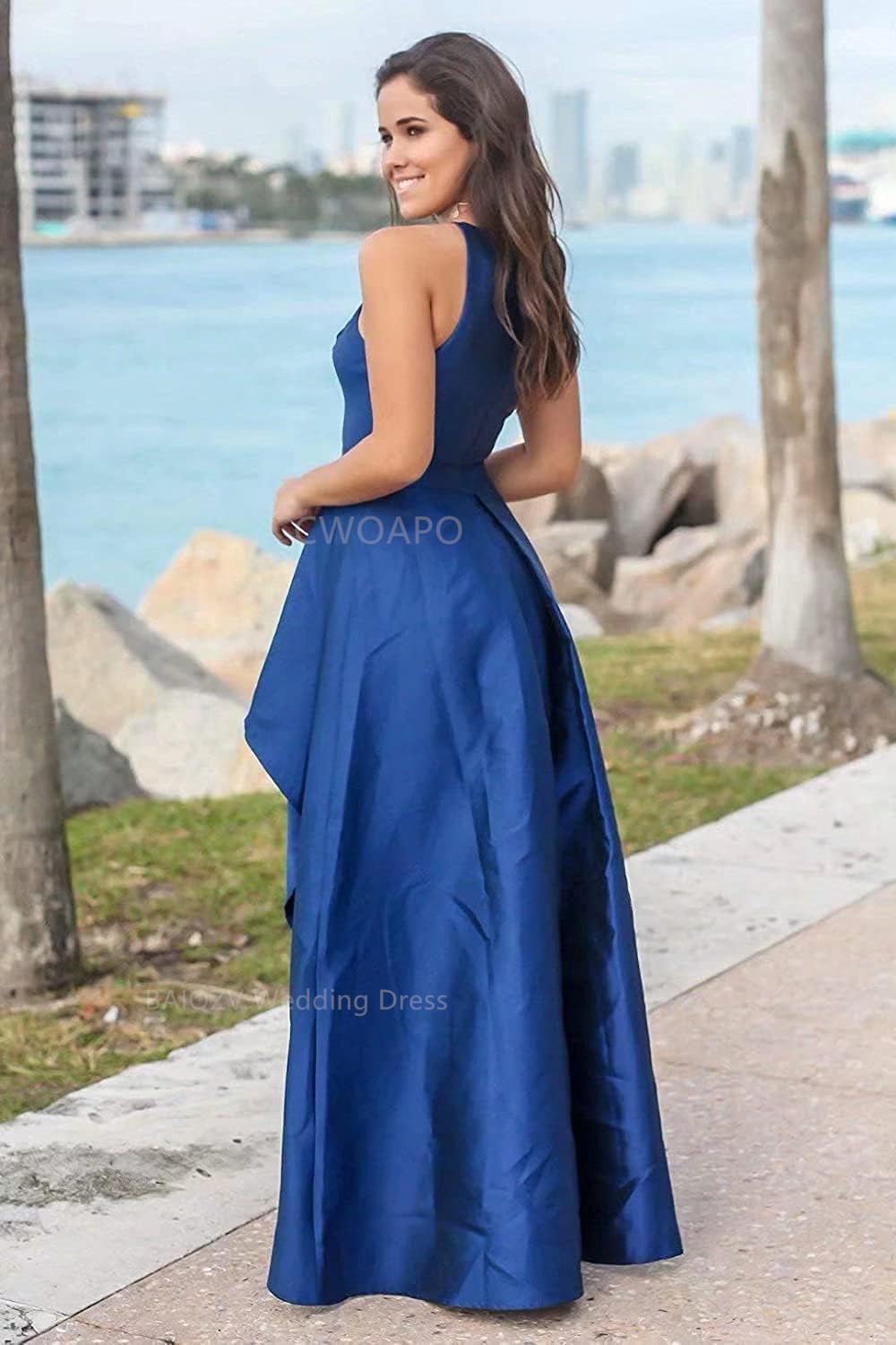 CWOAPO Satin Mother of Bride Dresses for Women Halter Bridesmaid Dress A Line Formal Cocktail Evening Gowns with Pockets
