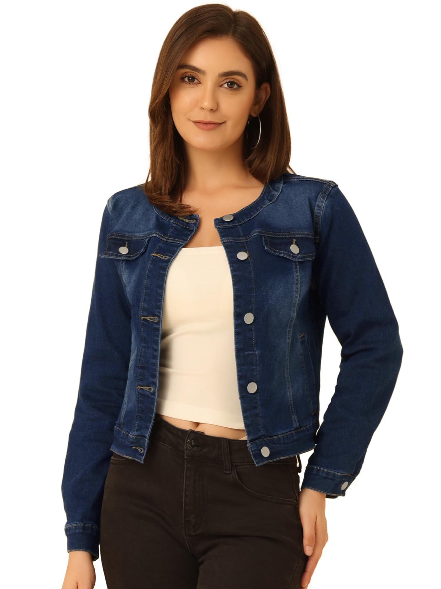 Allegra K Veste Courte en Jean Femme Manches Longues et Col Rond Blouson en Denim Boutonné Style Vintage