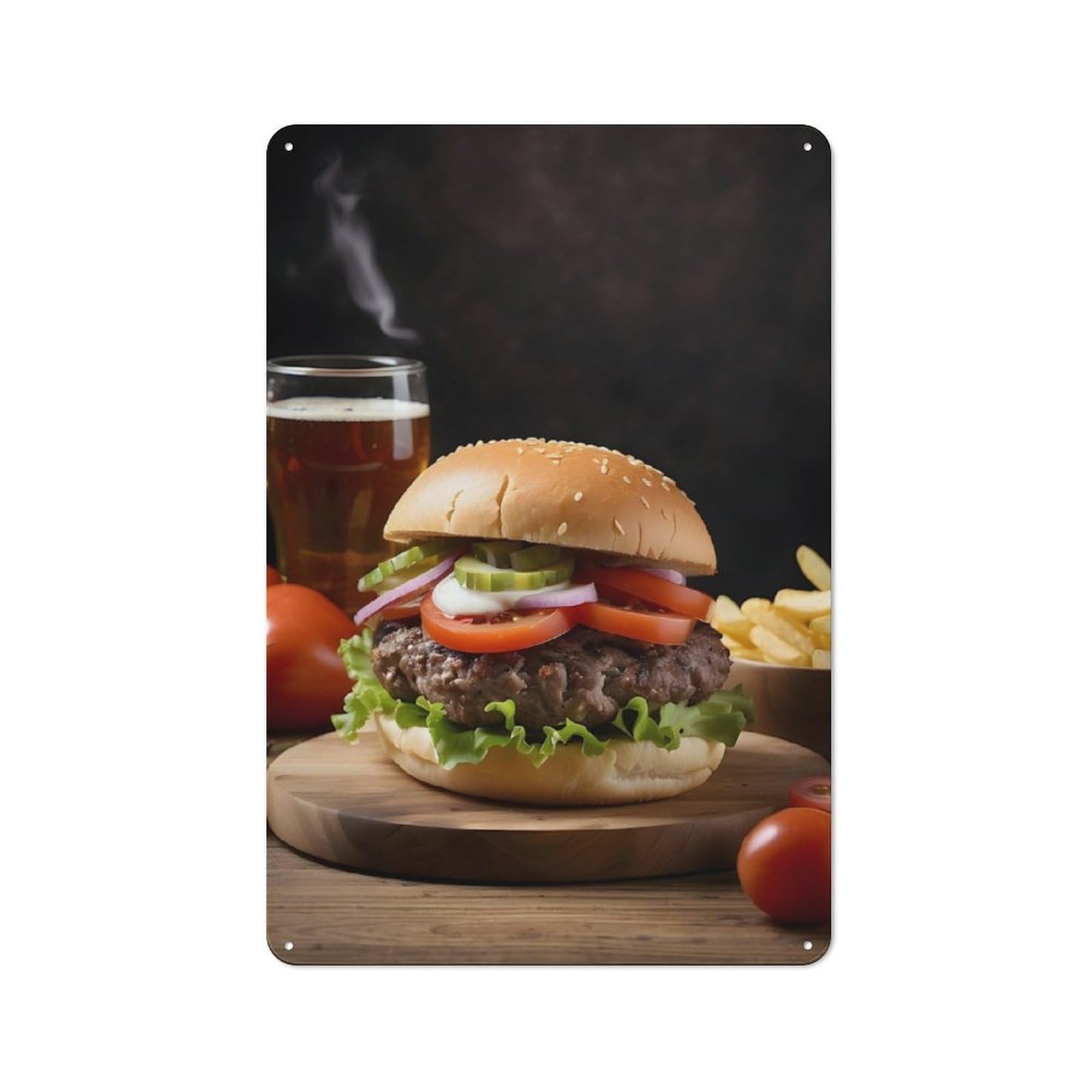 Junmoney Burger And Beer Metal Plaque 30X20cm With For Garage Wall, Retro Decor, For Themed Interiors In Garages And Workshops