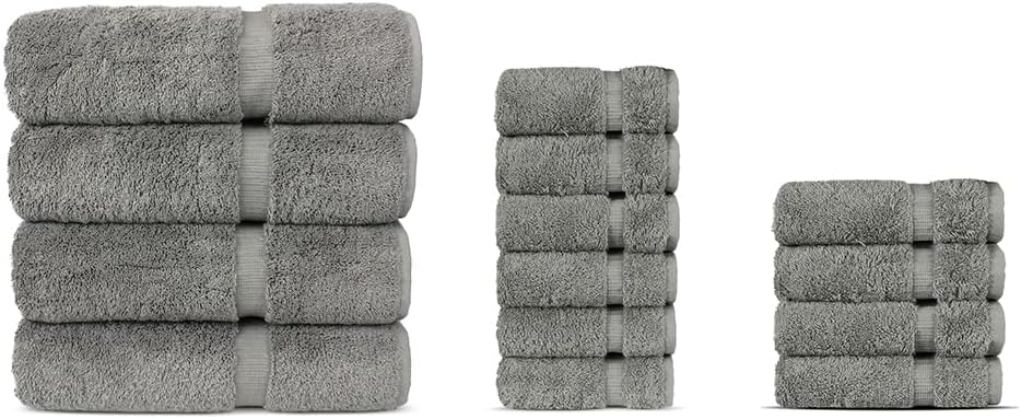 Chakir Turkish Linens Gray 4 Piece Bath Towel, 6 Piece Hand Towel and 4 Piece Washcloth Bundle