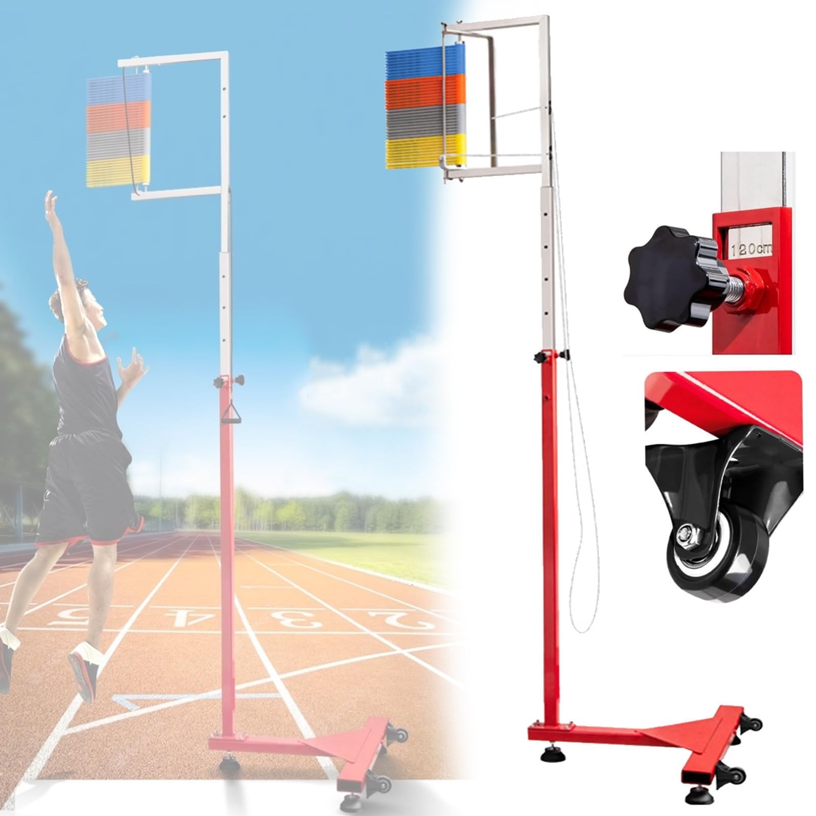Verstellbarer vertikaler Sprungtrainer für Erwachsene und Jugendliche, bodenstehendes Hochsprung-Trainingsgerät mit Testmessung, Reset-Zugschnur und beweglichem Rad