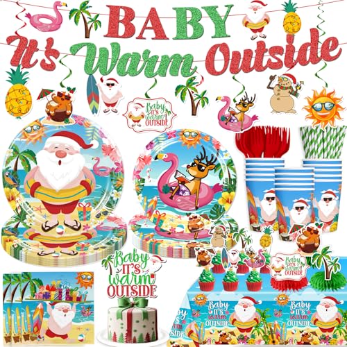 cocomigo 177pcs Christmas In July Decorations Include Plates, Napkins, Banner, Hanging, Tablecloth, Cake Topper, Table Decor, for Christmas In July Su