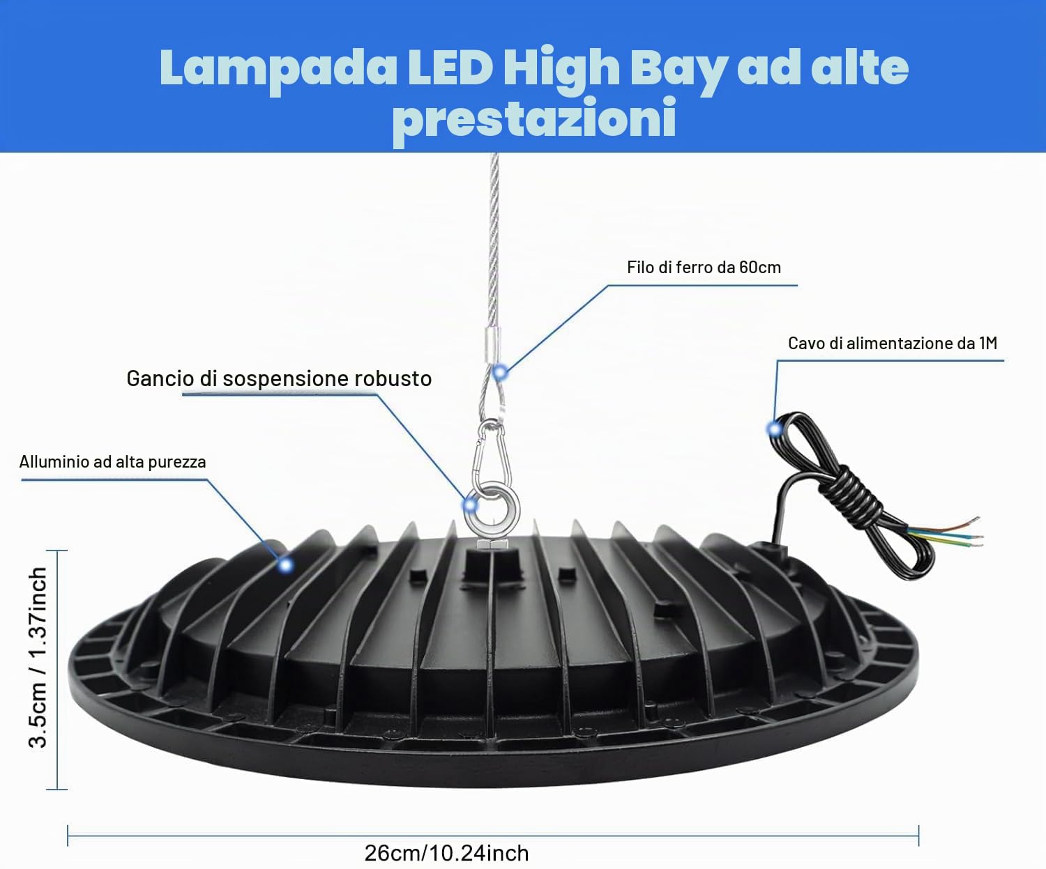 Faretto LED UFO, Luce per Negozio a LED High Bay da 100W con 1 Metro Catena, Luce per Baia Super Luminosa da 10000LM 6500K, Illuminazione Commerciale Impermeabile IP65 per Magazzino, Garage