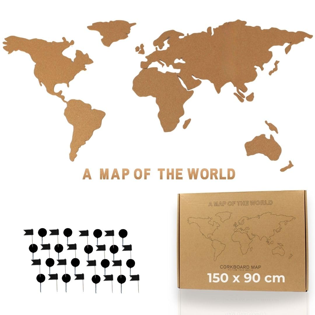 Tripvea - Cork Board | World Map Wall Panel 150 x 90 cm – Notice Board with 50 Push Pins, Vintage & Natural Design | Self Adhesive