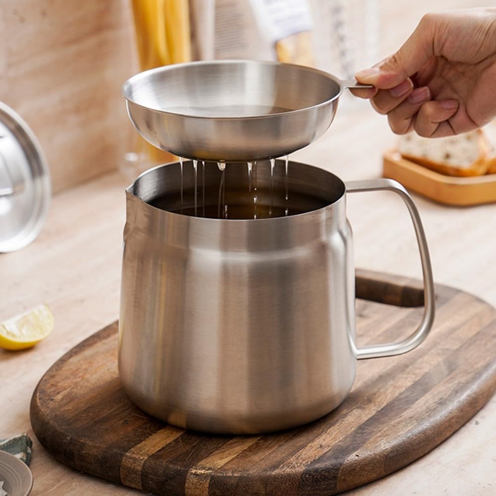 Contenitore per olio in acciaio inossidabile, contenitore filtro multifunzionale, serbatoio di separazione con filtro dell'olio con manico ergonomico (1,5 L opaco)
