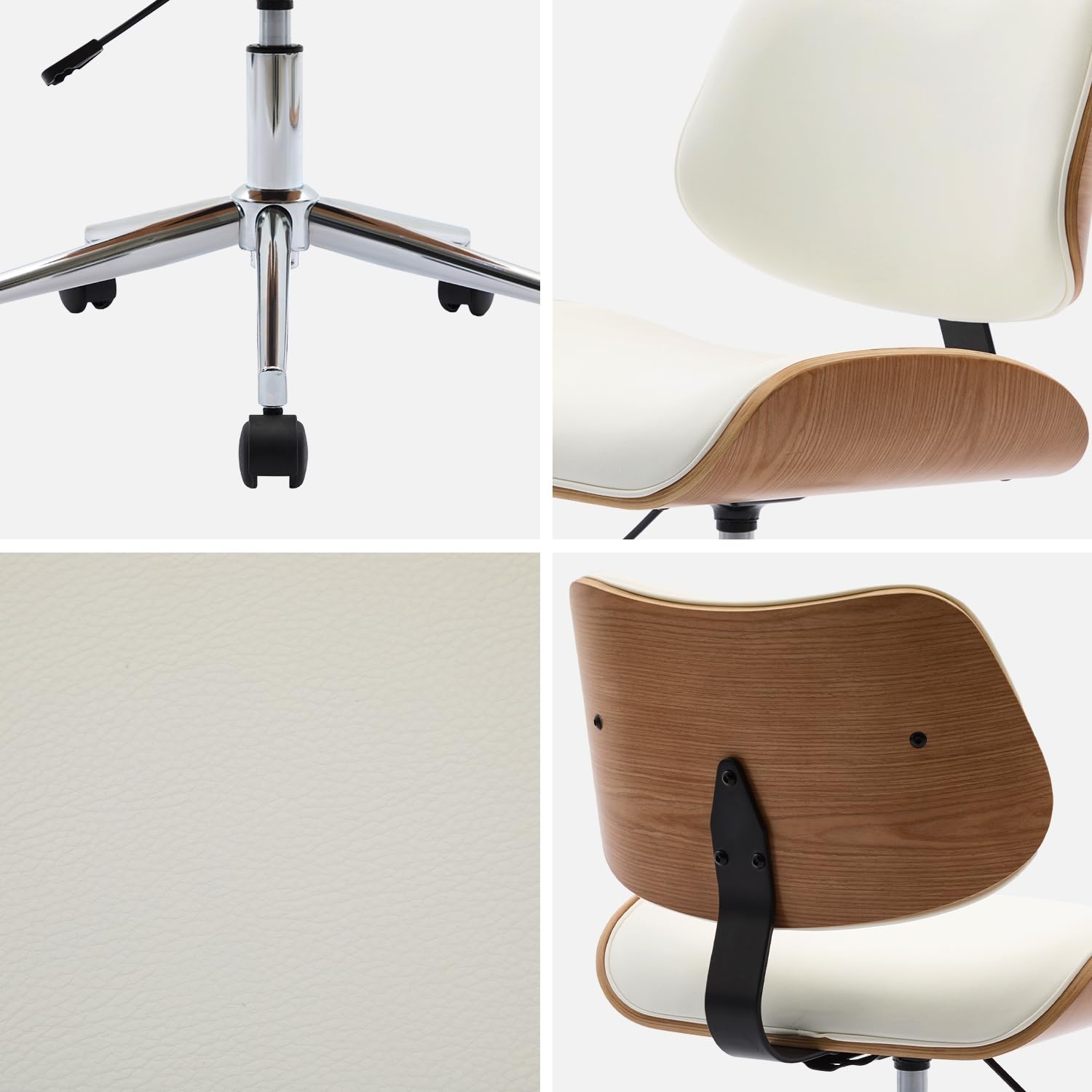 sweeek-Silla de Oficina con Ruedas, Madera Curvada y Acabado en Polipiel, Karen, Blanco, 52x53x88 cm