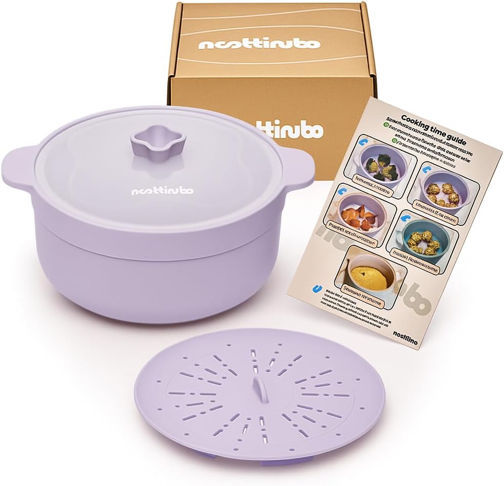 Microwave Egg Cooker & Ramen Cooker | 1.2L Silicone Microwave Steamer Pot with Lid & Steamer Mat | BPA-Free, Dishwasher Safe | noottinubo (Strawberry Milk)