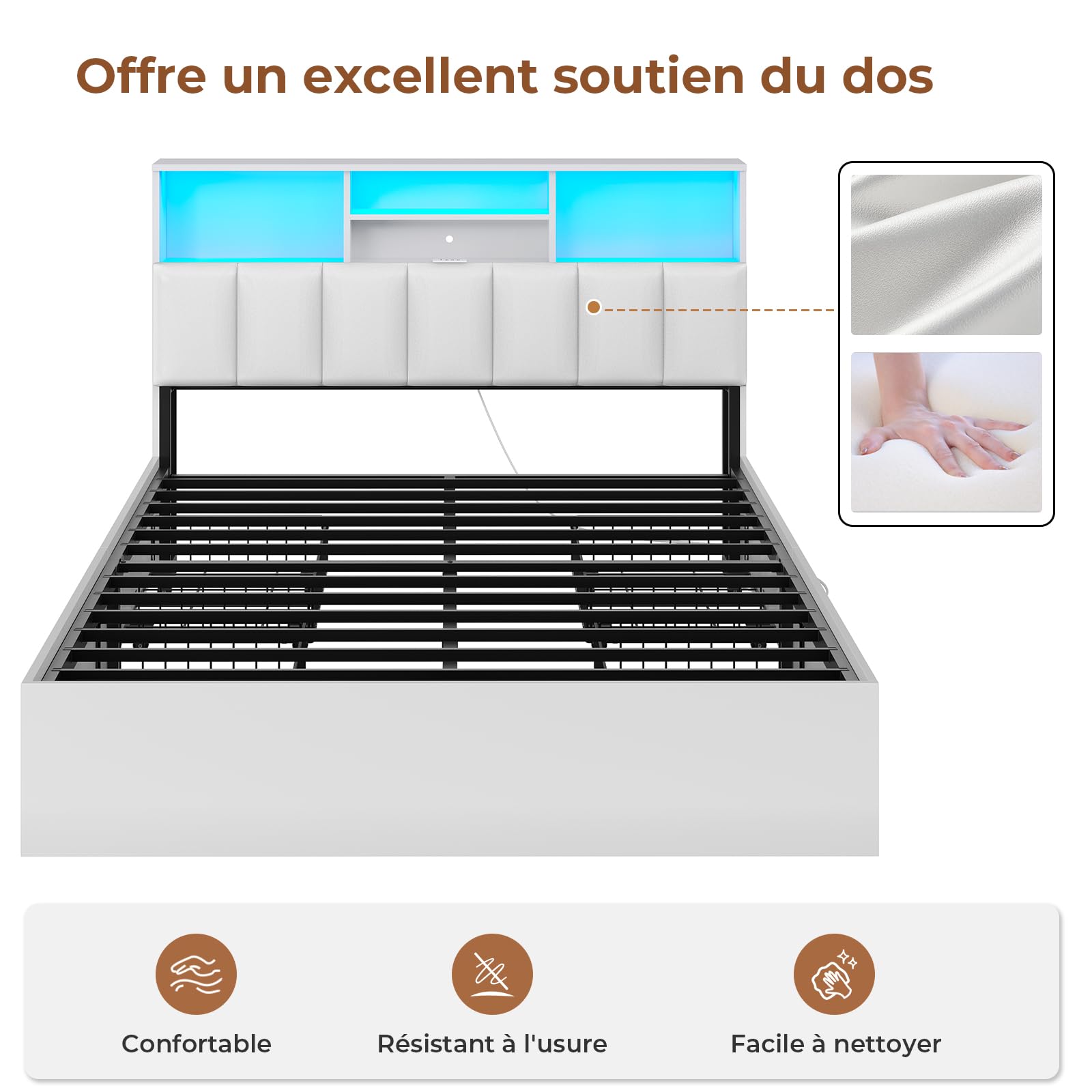 AOGLLATI Bett 140×200 cm, Polsterbett mit Ladestation und LED-Beleuchtung, Doppelbett Stauraumbett mit Stauraum Kopfteil, 4 Schubladen, Lattenrost, ohne Matratze(für 140 x 200 cm Matratze), weiß