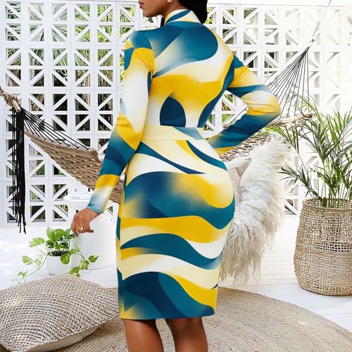 Image of MsavigVice Bodycon Dress Women Mandarin Collar Long Sleeve Knee Length | Vibrant abstract prints with bold varied hues, soft stretch fabric contours curves for sleek versatile everyday styling