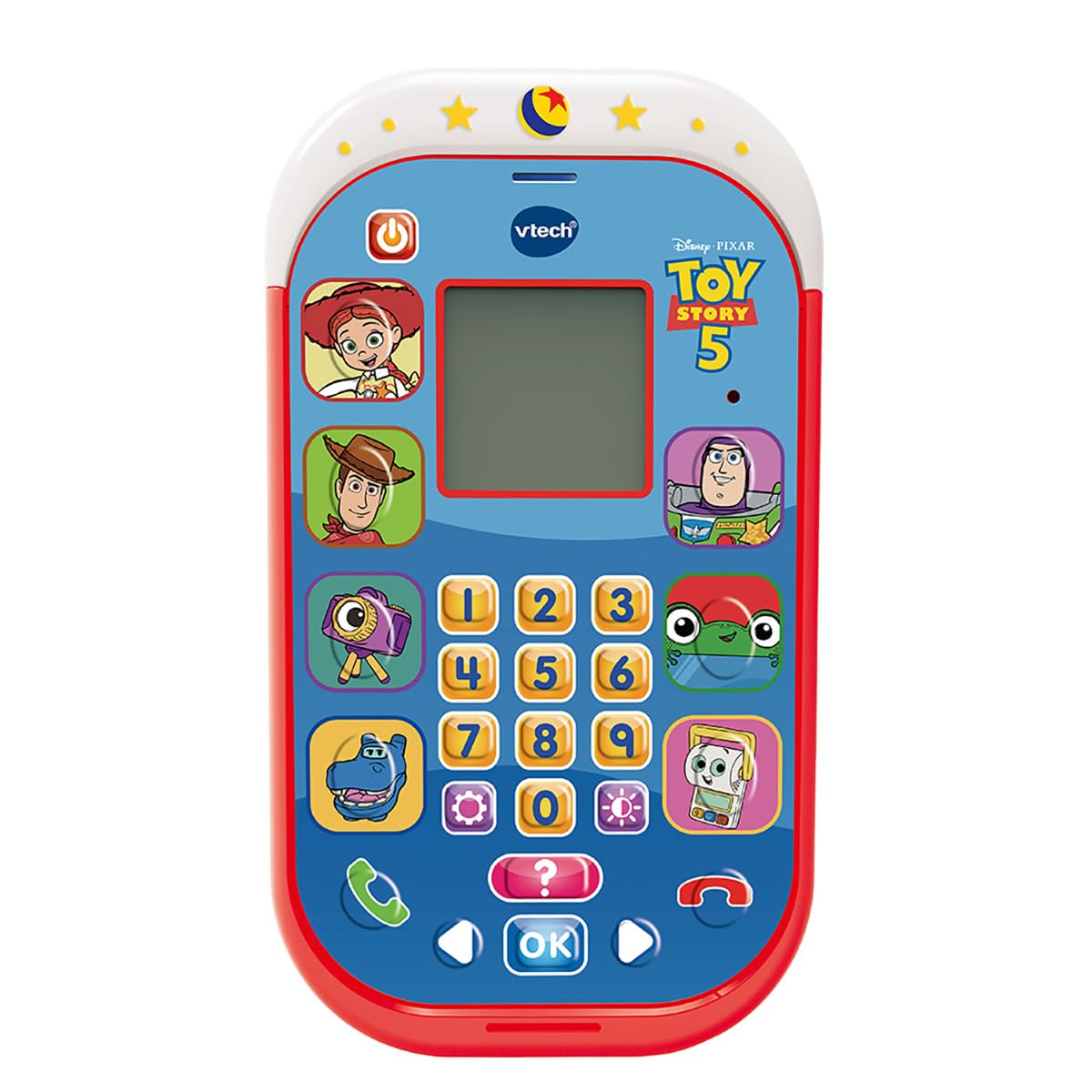 VTech - Toy Story 5 Telefono Educativo, Giocattoli Elettronici Bambini +3 Anni, 8 attività, Tastiera 10 Figure e Voce Originale di Jessie, Versione ESP