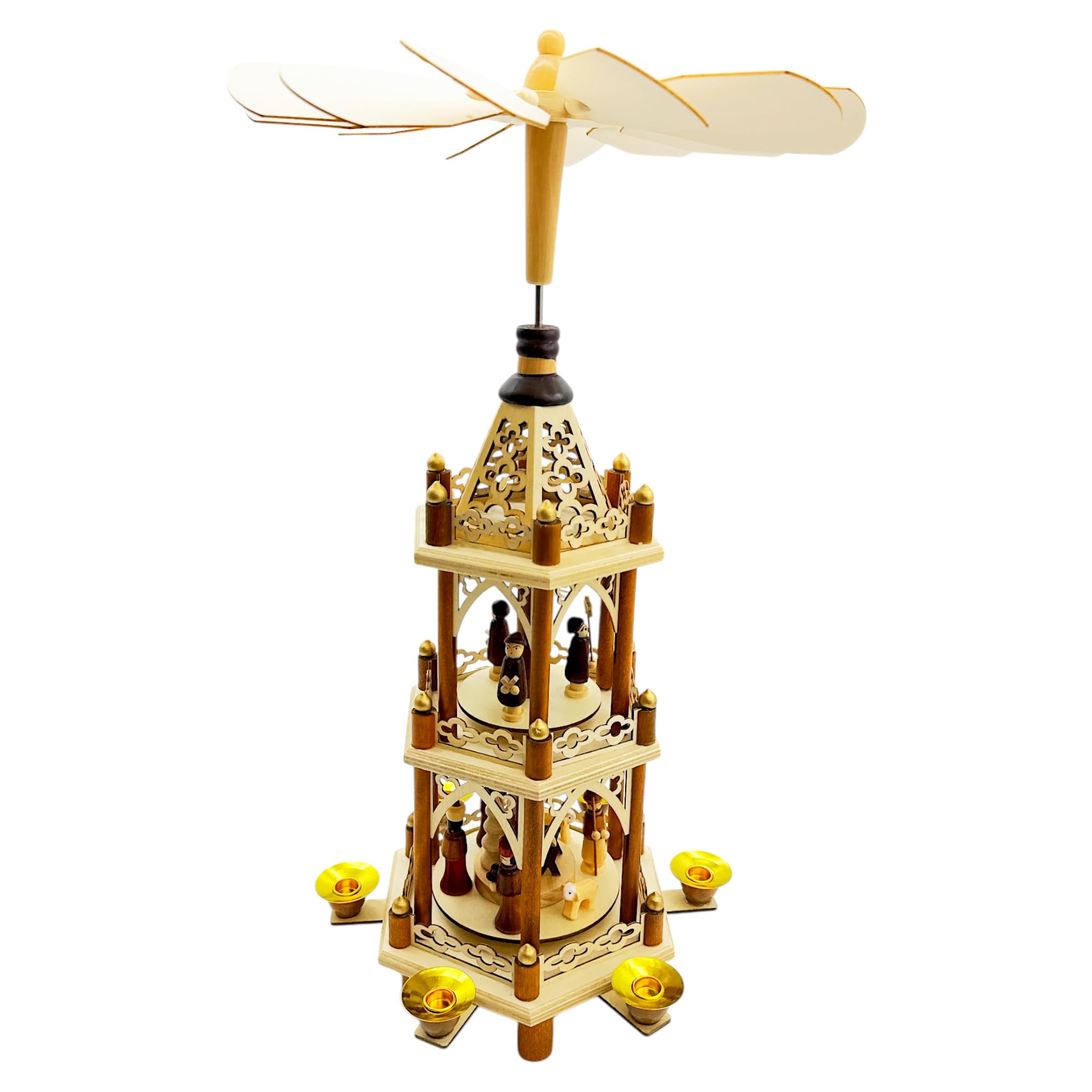 Wichtelstube-Kollektion Weihnachtspyramide Christi Geburt 3 Etagen Original 6 Pyramidenkerzen hochwertig Weihnachtsdeko Holz sehr leichtgängig Höhe 43cm