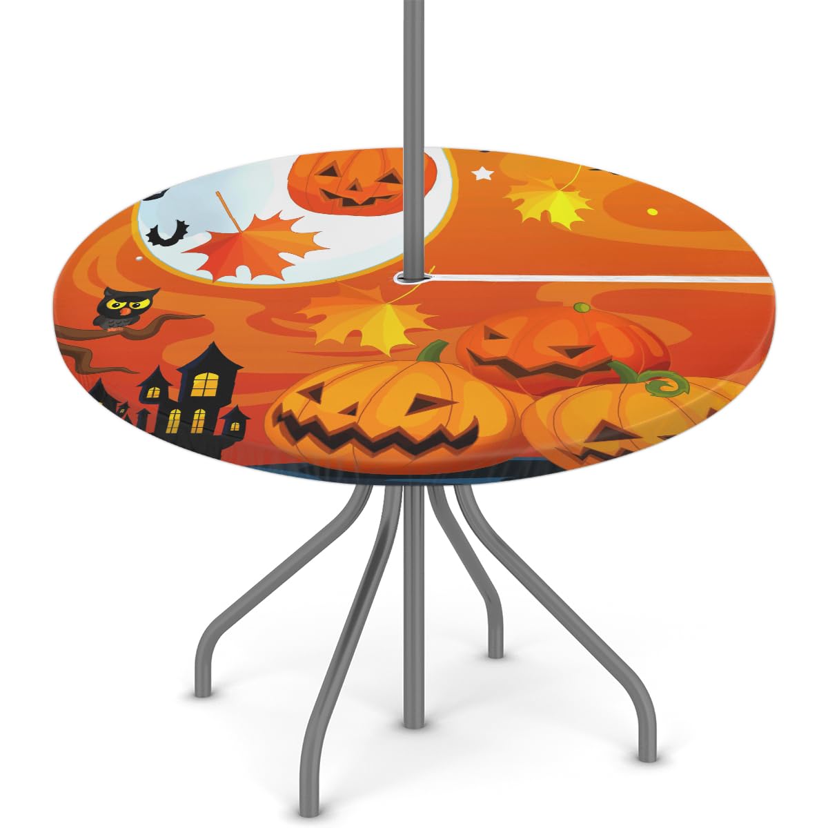 XMNYGJ Halloween Pumpkin Castle Autumn Leave Round Fitted Tablecloth with Umbrella Hole Zipper for Patio Picnic Tables Elastic Outdoor Table Cover Waterproof and Stain Resistant 45-56 Inch