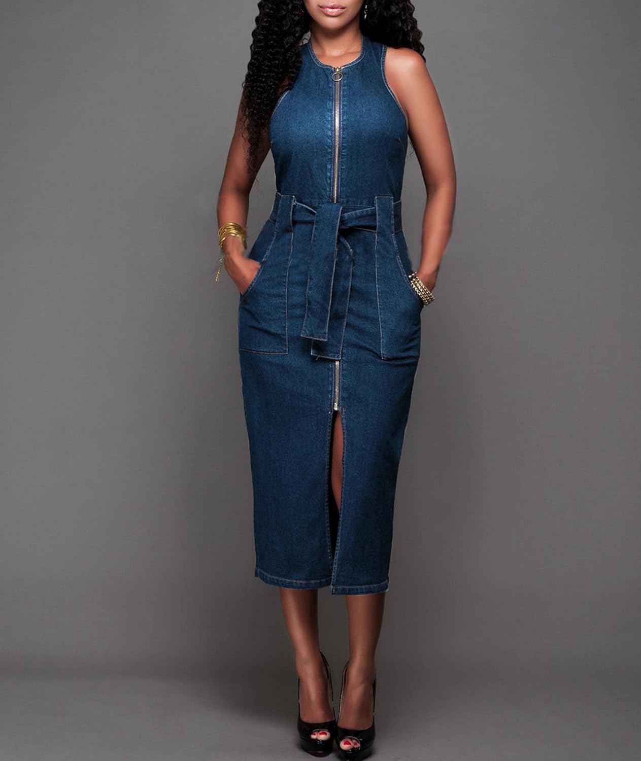 ECDAHICC Women's Sexy Jeans Dress Sleeveless Tank Denim Bodycon Dress Slit Belted Summer Blue Zipper Party Club Midi Dress - Image 4