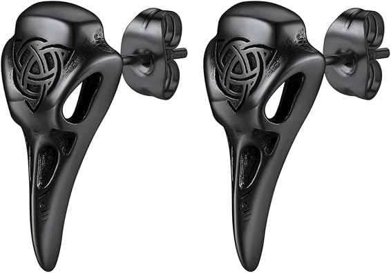 Viking Raven Skull Earrings for Men Stainless Steel Norse Celtic Knot Studs Crow Head Hypoallergenic Punk Gothic Screw Back Earrings Jewelry