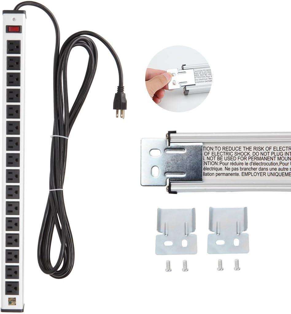 20 Outlet Heavy Duty Metal Socket Power Strip,15-Foot Long Extension Cord with Circuit Breaker. Mounting Brackets Included,Workshop/Industrial use,ETL Certified