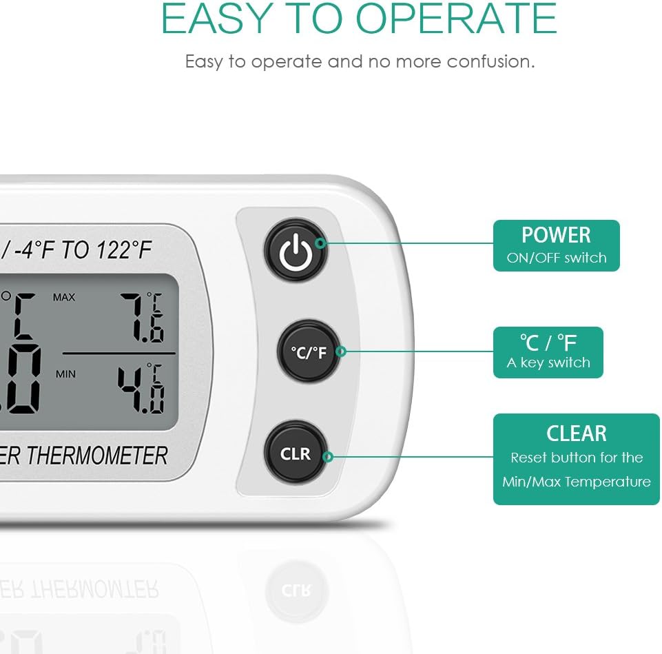 ORIA Digital Refrigerator Thermometer, Mini Freezer Thermometer, Refrigerator Freezer Waterproof, LCD Display, Max and Min Record, for Kitchen, Home, Restaurants, Bars, White