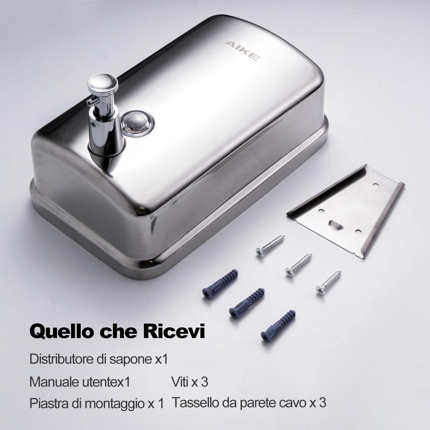 AIKE Dispensatore di Sapone Liquido Commerciale a Parete Manuale, in Acciaio Inossidabile Lucido da 1000 ml, AK1001 (Lucido)