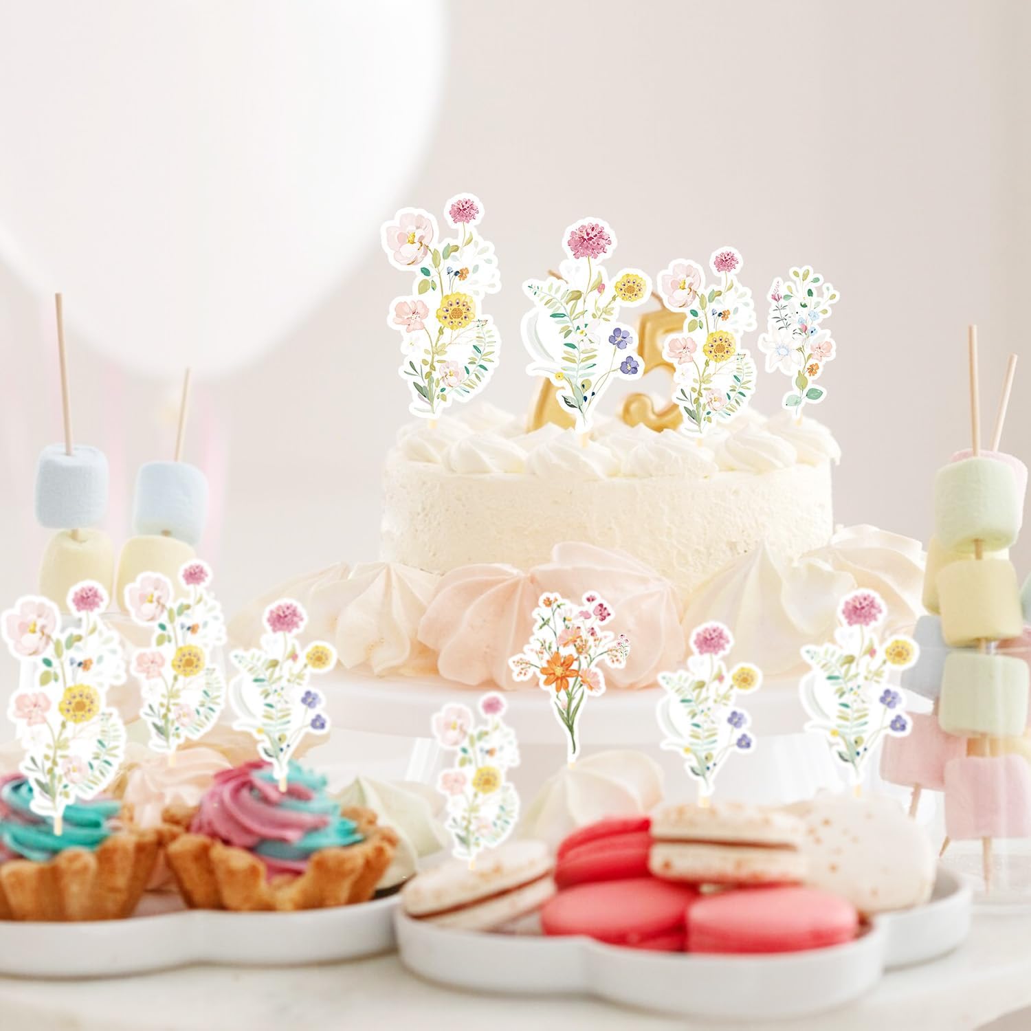 Rngmsi Flower Birthday Cupcake Toppers Decorations, 40PCS Wildflower Baby in Bloom Baby Shower Cake Decorations for Girls Women, Garden Floral Fairy Party Decor