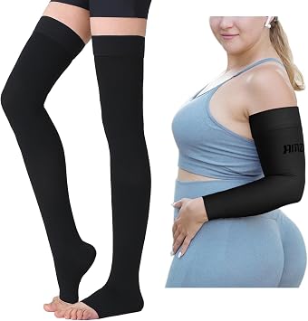 TOFLY 20-30mmHg Thigh High Compression Stocking Toeless Compression Socks for women & men + Medical Compression Arm Sleeve for Women & Men, 20-30 mmHg