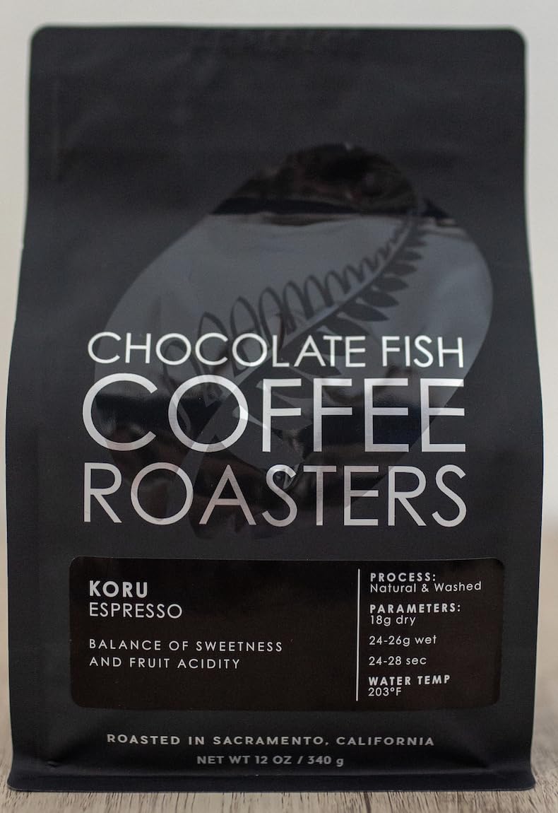 Chocolate Fish Coffee Roasters Koru Espresso, Dark Roast Whole Bean Coffee with Caramel and Orange Notes, Natural and Washed Process, 12 oz
