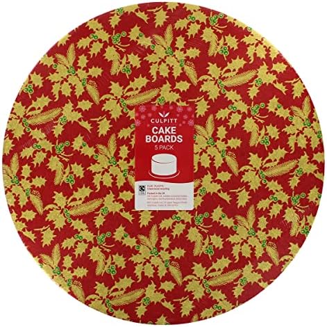 Culpitt Red Selection Christmas Cake Boards, 10", Stars And Holly Festive, 3mm x 254mm - 5 Pack, 811034, 10 Inch