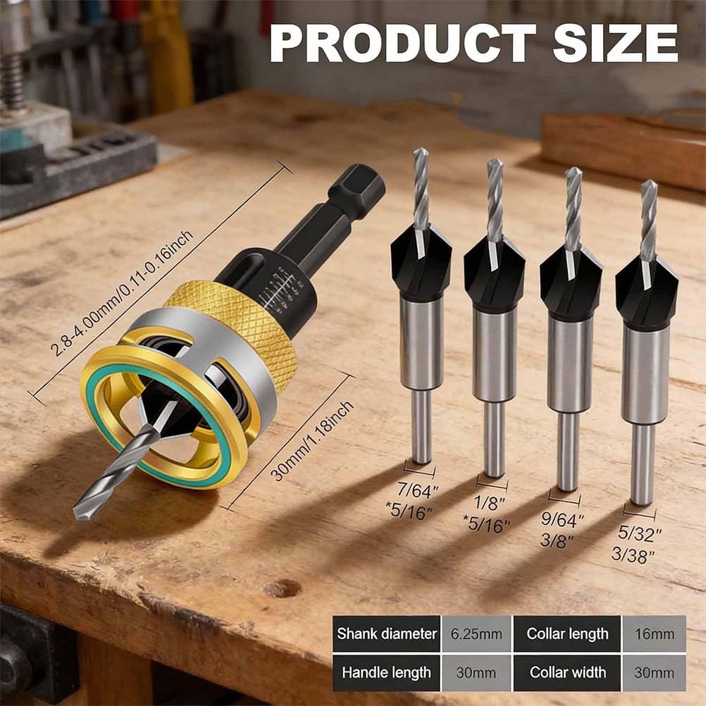 Two-Flute Counterbore with Depth Stop,Adjustable Countersink Drill Bit Set,4PCS Four-Flute HSS M2 Tapered Drill and Depth Stop Collar, Tapered Head 3/8” 82° Counter-Bore,1/4” Hex Shank (2PCS)