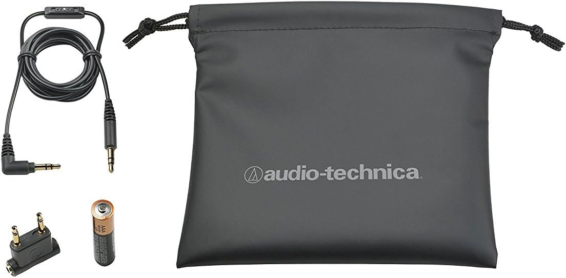 Audio-Technica ATH-ANC20 package contents including headphones, audio cable, AAA battery, airline adapter, and carrying pouch.