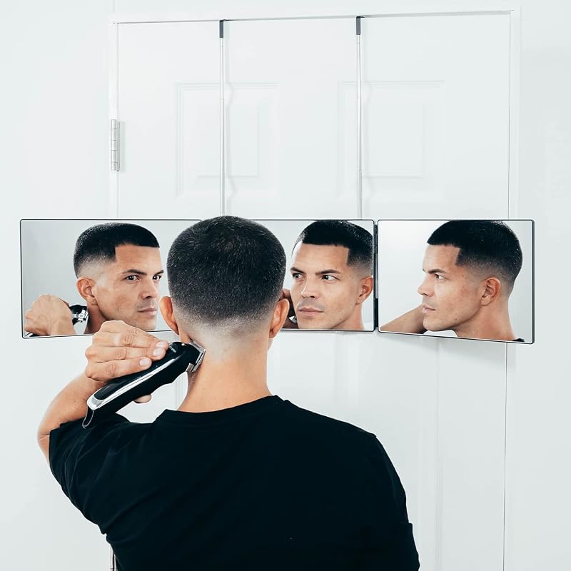 Self-Cut System Espelho triplo portátil com ganchos retráteis e vidro resistente a impactos, preto