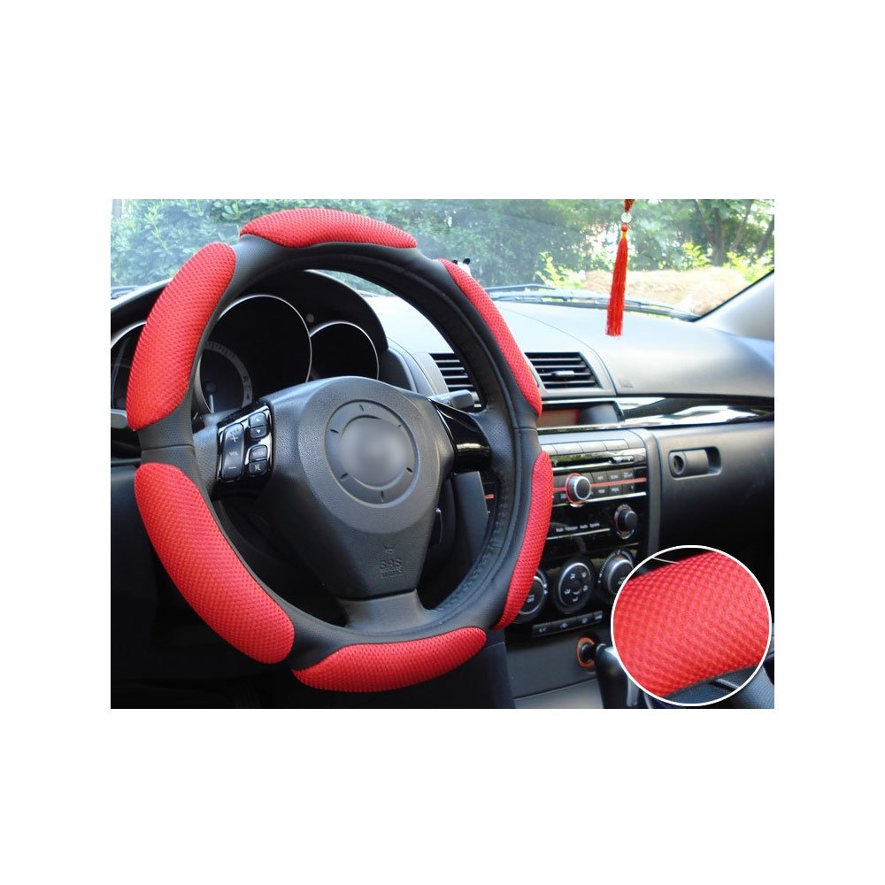 Universal Steering Wheel Cover Black PU Leather Soft Breathable Mesh Race Car Steering Wheel Cover Fit Most Car (Red)