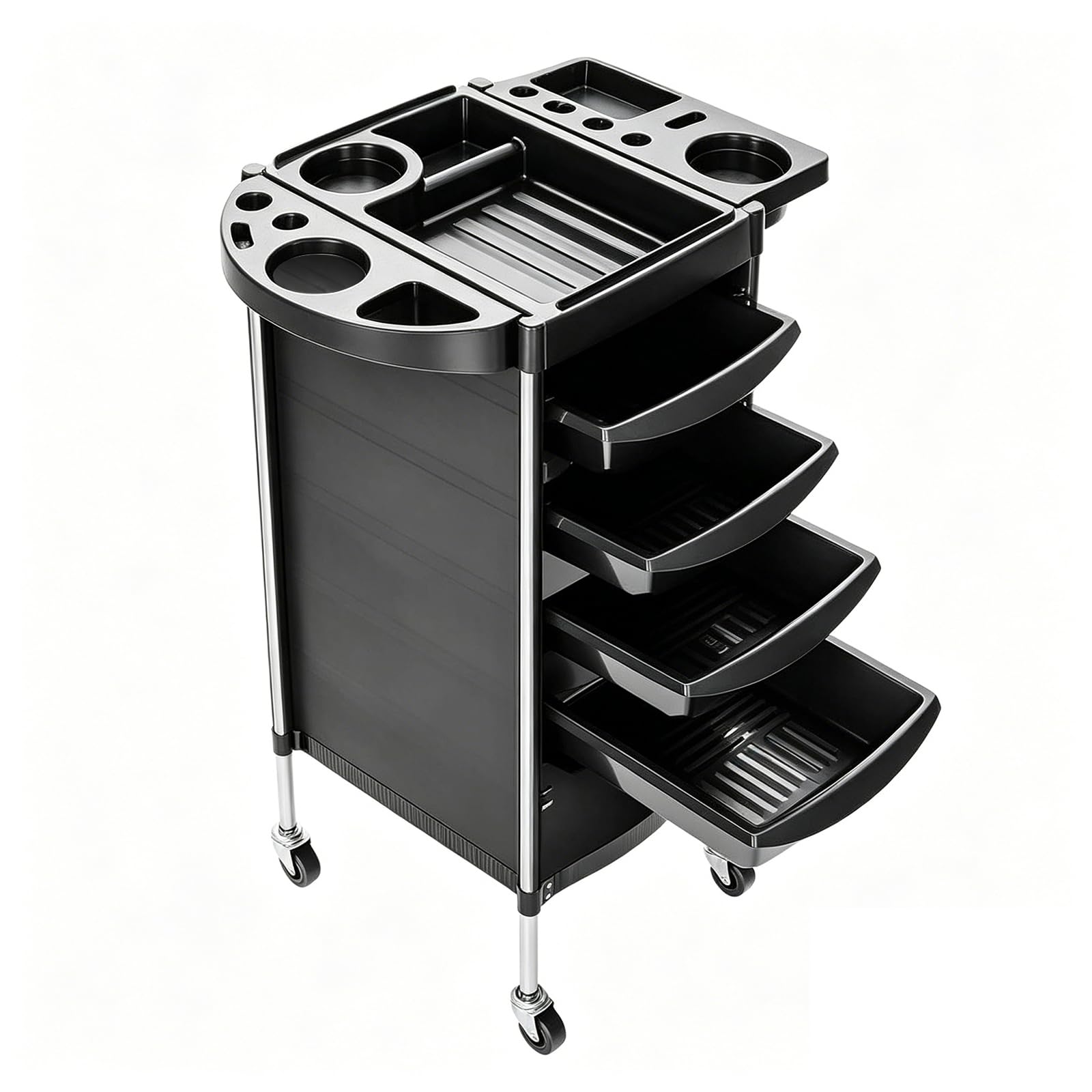 Kortemora Salon Trolley Cart with 4 Sliding Drawers, Rolling Beauty Storage Cart with Wheels, Multi-Function Hairdresser Barber Trolley, Plastic Utility Organiser for Salon Spa Bathroom Kitchen, Black